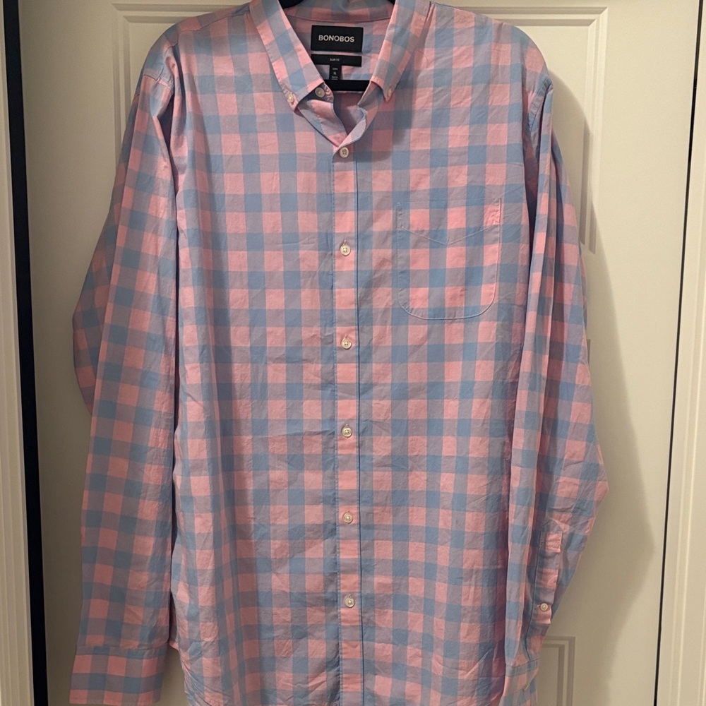 Bonobos Men's Casual Pink and Blue Plaid Shirt
